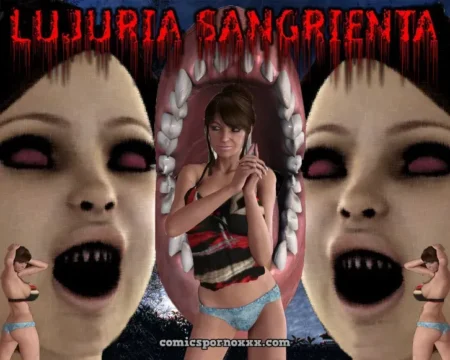Mujer joven con top corto y bragas azules frente a bocas gigantes de vampiras sedientas de semen.