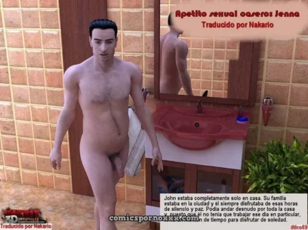 Hombre desnudo con el pene erecto parado frente al lavabo de un baño con paredes de azulejos naranjas.