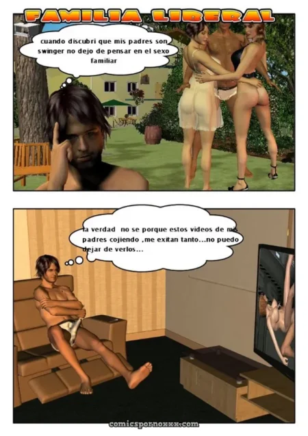 Joven masturbándose mientras ve un video de sus padres teniendo sexo en una pantalla.
