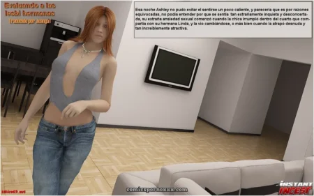 Mujer pelirroja con top gris escotado que deja ver sus pechos y jeans ajustados en una habitación.