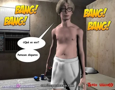 Hombre joven con gafas y shorts blancos en habitación con onomatopeyas de disparos Bang Bang.