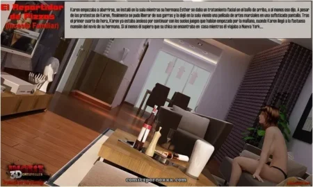 Mujer desnuda sentada de espaldas en un sofá de una sala moderna con texto erótico sobre incesto familiar.