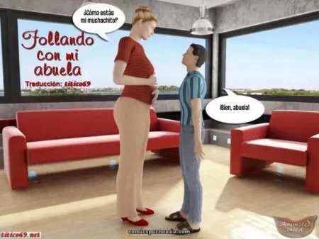 Mujer madura con camiseta roja y pantalones beige hablando con un joven en una sala con sofás rojos.