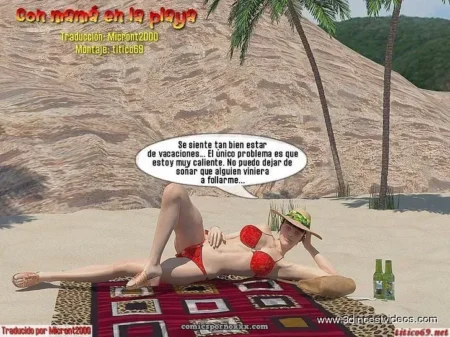 Mujer con bikini rojo tumbada en una toalla sobre la arena de la playa exponiendo sus pechos y vulva.
