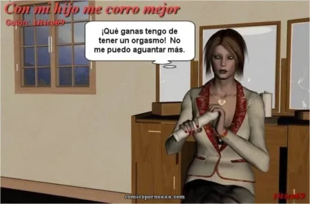 Mujer rubia con chaqueta beige sostiene un dildo blanco deseando tener un orgasmo intenso.
