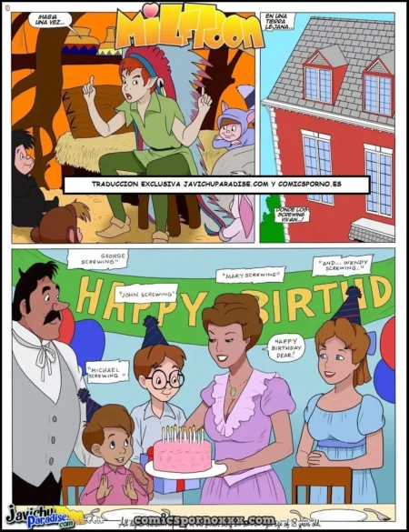 Cómic erótico de Mary and Wendy Go Pro con personajes celebrando un cumpleaños con nombres sexuales explícitos.