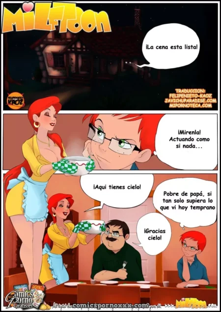 Madre pelirroja con blusa amarilla y delantal sirviendo cena a su esposo mientras su hijo la observa con deseo.