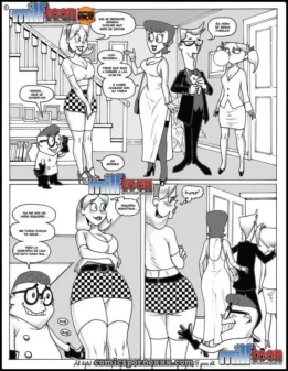 Dexter toca el trasero de Lesa mientras ella usa una minifalda a cuadros ajustada y el resto de la familia se aleja.