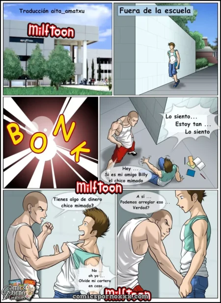 Bully musculoso intimidando y agarrando la camiseta de un joven delgado fuera de la escuela en cómic de Milftoon.