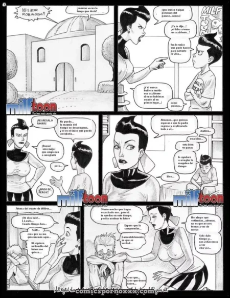 Cómic erótico de Milftoon con una mujer adulta y un joven en una escena de tensión sexual y diálogos explícitos.