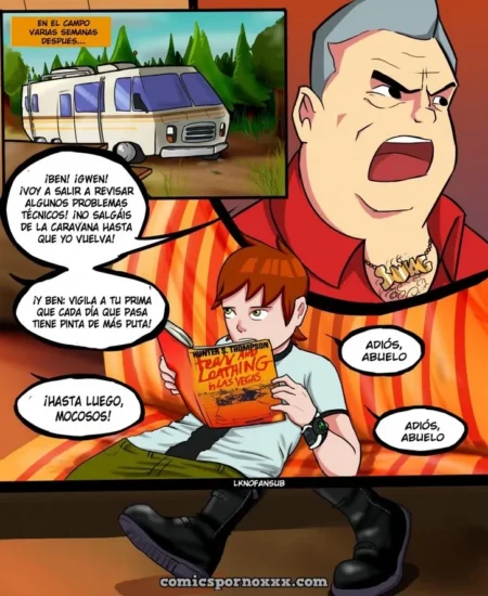 Abuelo gritando a Ben y Gwen dentro de una caravana en el campo mientras Ben lee un libro.
