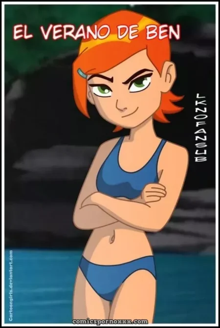 Gwen Tennyson de Ben 10 posando con un bikini azul ajustado que resalta sus pechos y caderas en la playa.