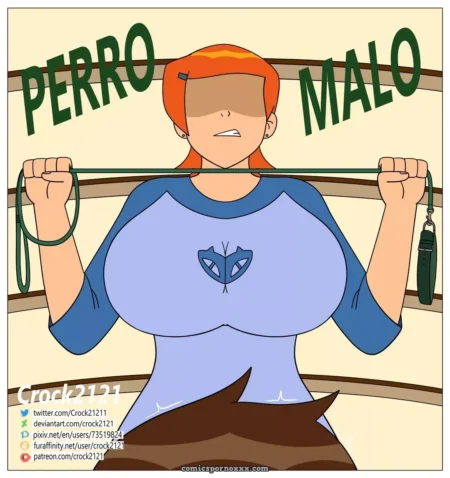 Mujer pelirroja de pechos grandes sosteniendo una correa verde frente a un perro.