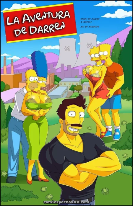 Hombre musculoso frente a Homer y Bart abrazando y tocando los pechos descubiertos de Marge y Lisa en Springfield.