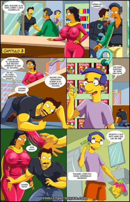 Cómic erótico con mujer de pechos enormes y hombre musculoso buscando un dispositivo mientras Homer usa auriculares.