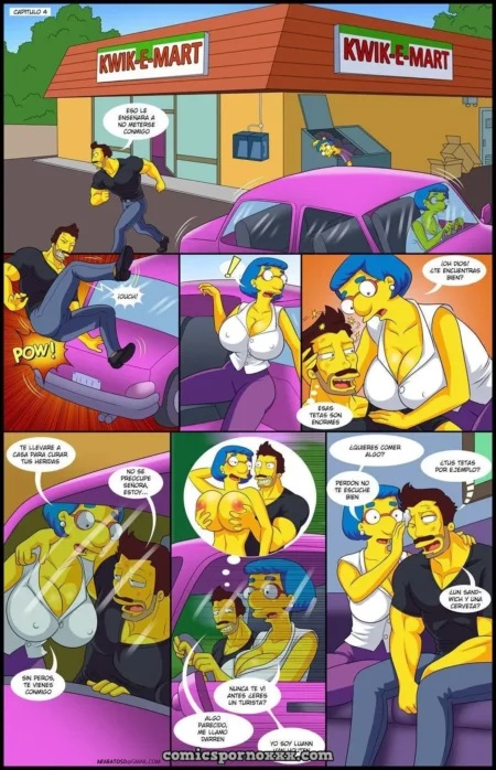 Hombre musculoso y mujer rubia con pechos grandes teniendo sexo oral y caricias eróticas dentro de un coche rosa.