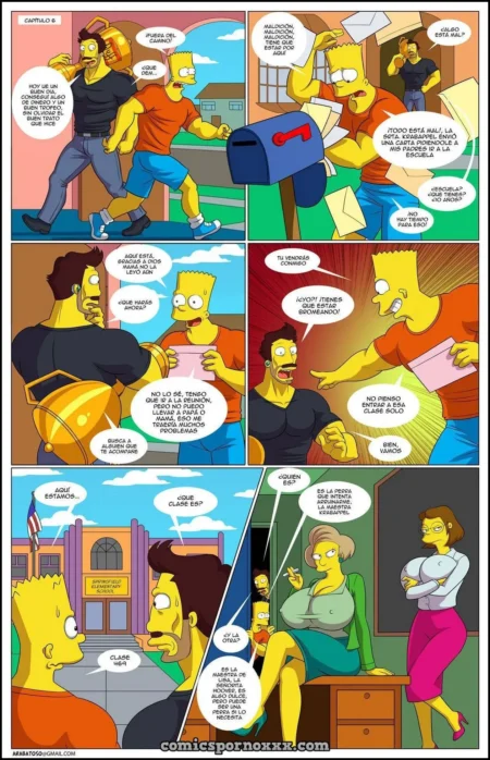 Cómic erótico de Bart y Homer en la escuela con una profesora voluptuosa que resalta sus pechos y curvas sexuales.