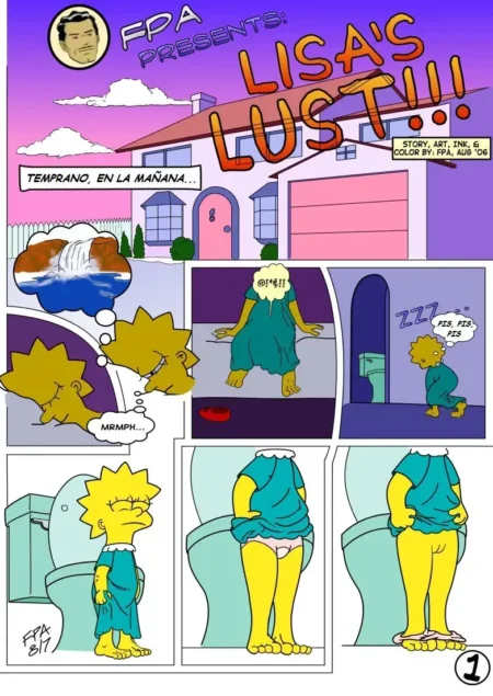 Cómic erótico de Lisa Simpson despertando con ganas de orinar y bajándose la camisola para exponer su vagina y hacer pis.
