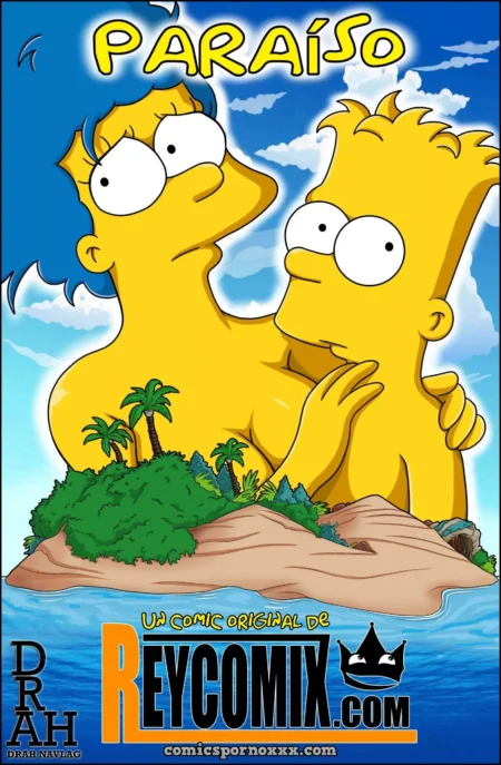Marge y Bart Simpson follando desnudos en una isla paradisíaca con palmeras y mar azul.