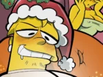 Homer Simpson con gorro navideño masturbándose mientras Marge lo observa sorprendida con los pechos descubiertos.