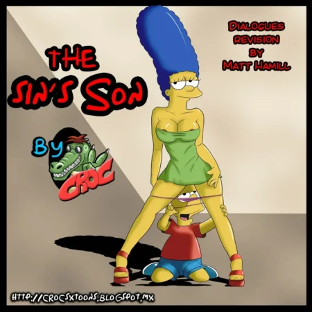 Marge Simpson desnuda con vestido corto y Bart arrodillado lamiendo su vulva en el cómic The Sin's Son.