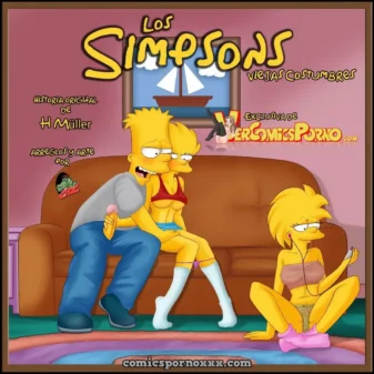 Homer masturbándose mientras abraza a Marge en ropa interior y Lisa sentada al lado con el coño expuesto.