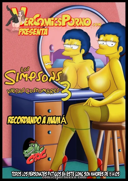 Marge Simpson desnuda sentada en un taburete con medias y tacones rojos reflejada en el espejo de un tocador.