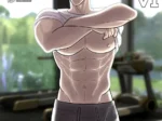 Hombre musculoso y sexy levanta su camiseta revelando pectorales marcados y abdominales definidos en un gimnasio.