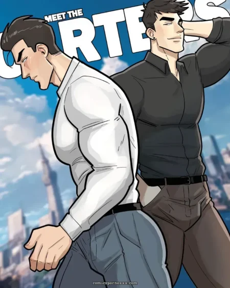 Dos hombres musculosos y atractivos posan juntos en la portada del cómic gay Meet The Carters Parte 16.