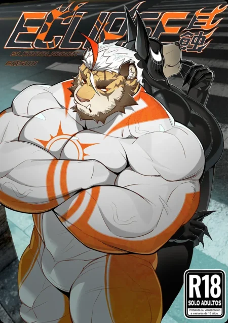 Dos hombres furry musculosos, un tigre blanco y un lobo negro, posando eróticos con ropa ajustada y marcas corporales.