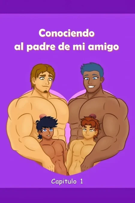 Dos hombres musculosos y corpulentos abrazando a dos jóvenes desnudos en una escena erótica gay.