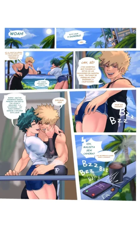 Bakugou acaricia el trasero de Midoriya mientras se besan apasionadamente en una terraza tropical durante sus vacaciones.