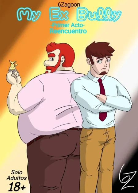 Hombre delgado con camisa y corbata junto a hombre gordo y barbudo con camiseta rosa ajustada y trasero voluminoso.