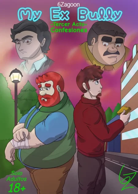 Portada de cómic erótico con hombres musculosos y robustos, un barbudo con vendajes y otro joven en escena urbana.
