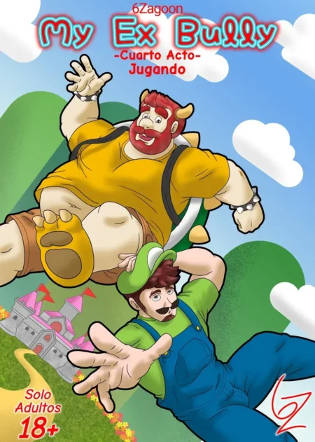 Hombre gordo y musculoso con rasgos de Bowser monta sobre un Mario gordo mientras juegan eróticamente.