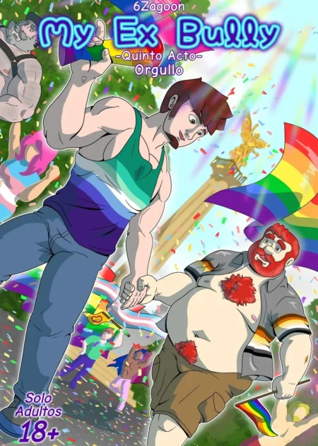 Dos hombres musculosos y obesos celebrando el Orgullo con banderas LGBT y ropa ajustada en un entorno festivo.