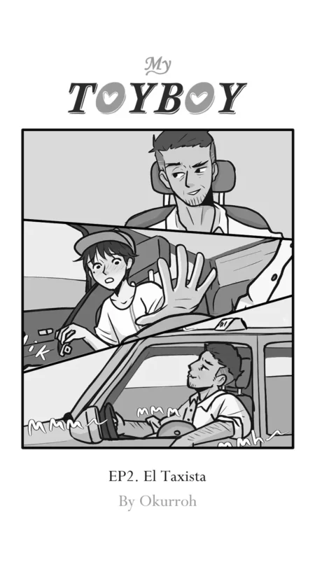 Portada de cómic gay My Toyboy Ep.2 El Taxista con viñetas de un hombre mayor y un joven en un auto.
