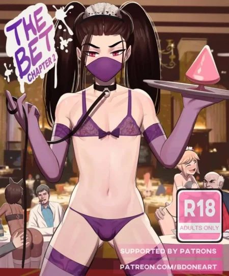 Mujer con lencería púrpura, máscara y correa, sirviendo postre en The Bet 2 con el trasero expuesto al fondo.