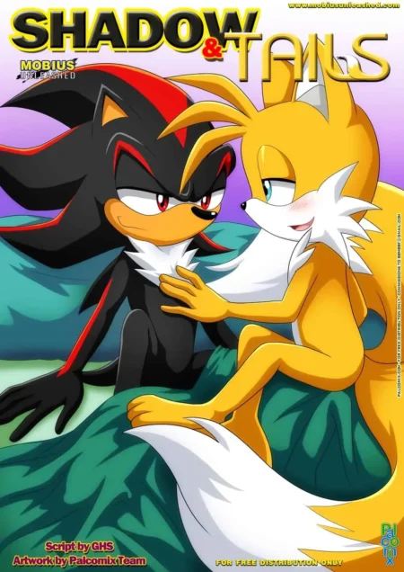 Shadow el erizo y Tails el zorro abrazados íntimamente en una cama con actitud seductora y sexual.
