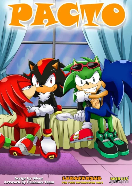 Knuckles, Shadow, Sonic y un erizo verde sentados en una cama preparándose para un orgasmo grupal en The Pact.