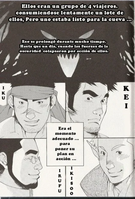 Cuatro hombres musculosos planean encuentros sexuales explícitos en el manga yaoi Trampa Yaoi de Takezamurai.