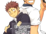 Dos hombres musculosos, uno cocinero y otro de traje, posan juntos en una portada de manga erótico gay R-18.