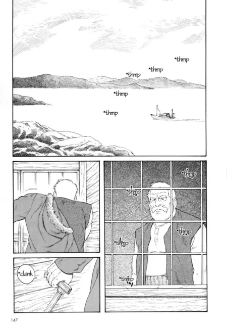 Panel de manga con un paisaje costero y un hombre musculoso encerrado en una celda con barrotes.