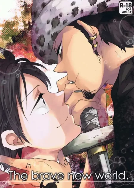 Law y Luffy en un beso apasionado y erótico con el texto The brave new world sobre un fondo colorido.