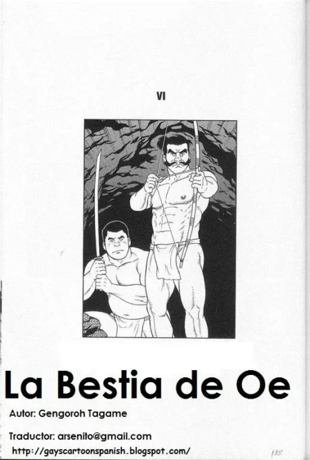 Dos hombres musculosos y semidesnudos, uno con arco y otro con espada, en un manga erótico de Gengoroh Tagame.