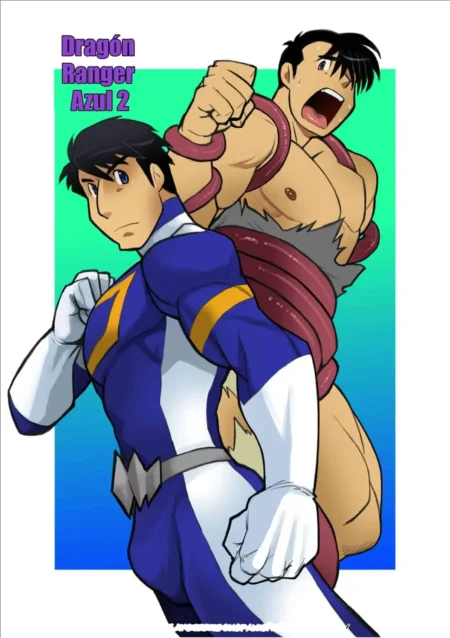 Ranger azul musculoso y hombre desnudo atado con tentáculos rojos en Dragon Ranger Azul 2 de Nakata Shunpei.