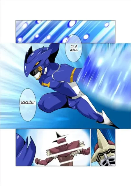 Ranger azul musculoso con traje ajustado que marca su bulto genital mientras ataca a un enemigo en estilo manga.