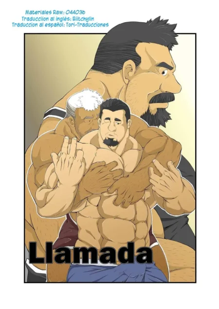 Tres hombres musculosos y sudorosos se abrazan íntimamente en una escena erótica de bara con contacto físico intenso.
