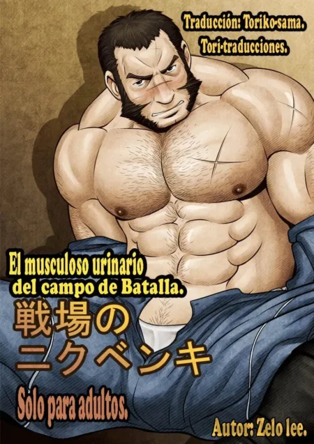 Hombre musculoso y barbudo con el torso desnudo bajando sus pantalones revelando su ropa interior blanca.