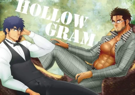 Dos hombres musculosos en traje, uno con chaleco y otro con camisa abierta exponiendo su torso, en pose erótica y sugerente.